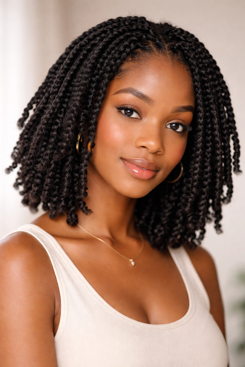 Short Marley twists ending at shoulder length, neat texture