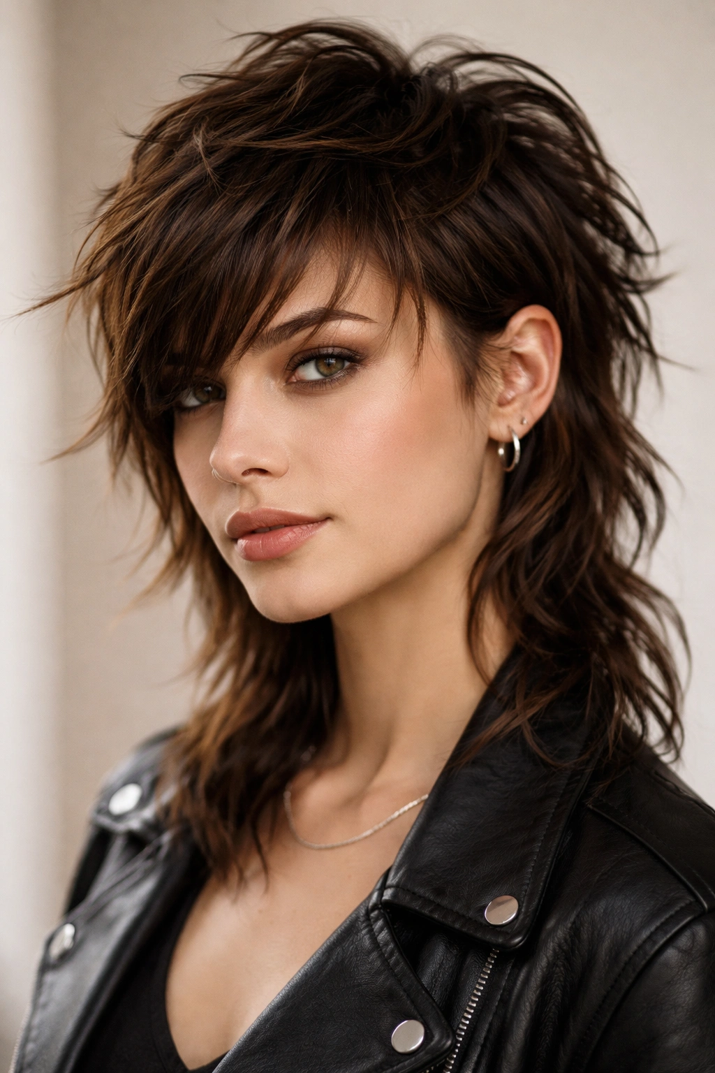 Portrait of a modern mullet with angled bangs showing texture and movement.