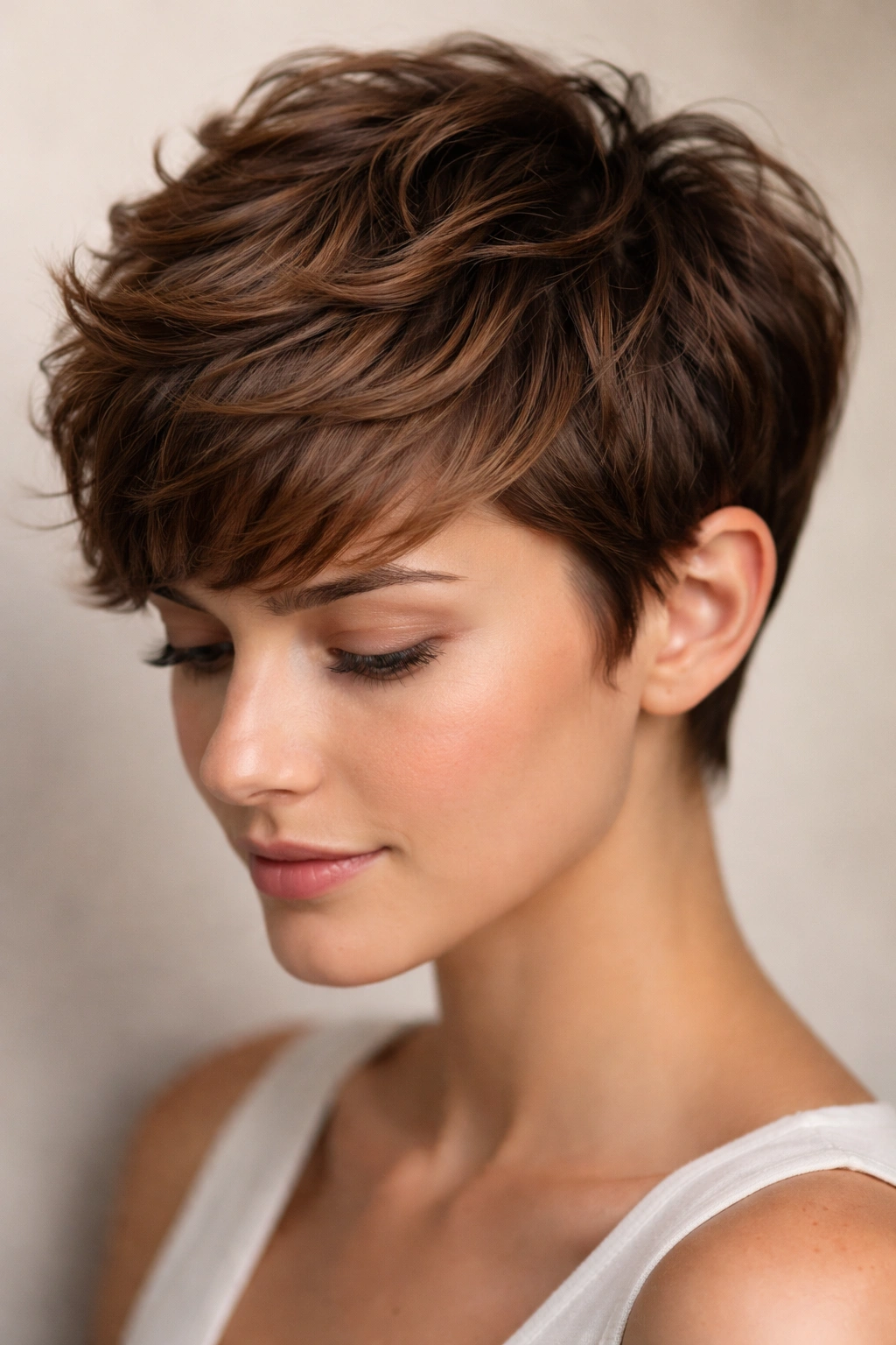 Chestnut short wavy pixie with a textured crown.