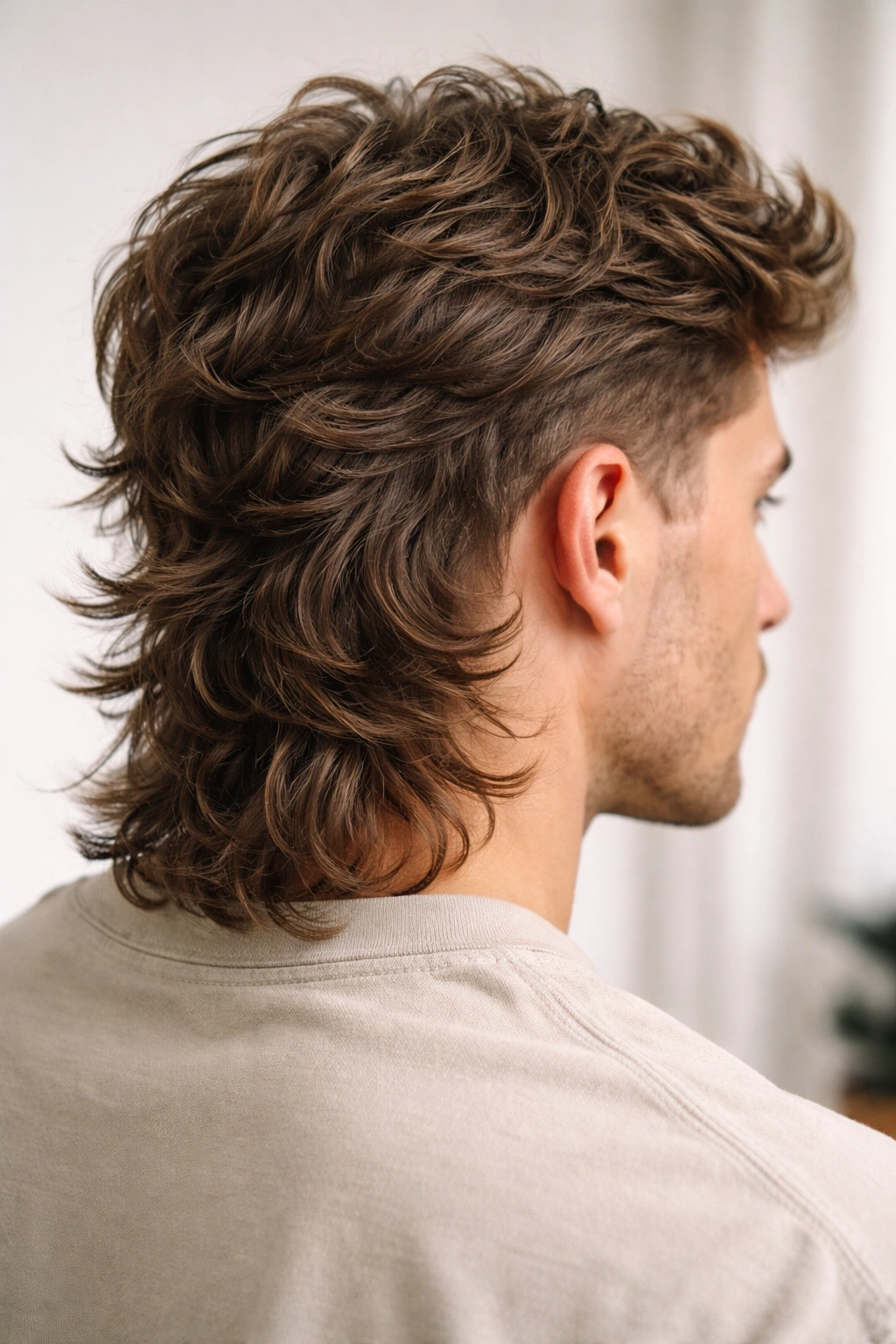 Portrait of a person with a short stack mullet showing stacked back layers and layered top