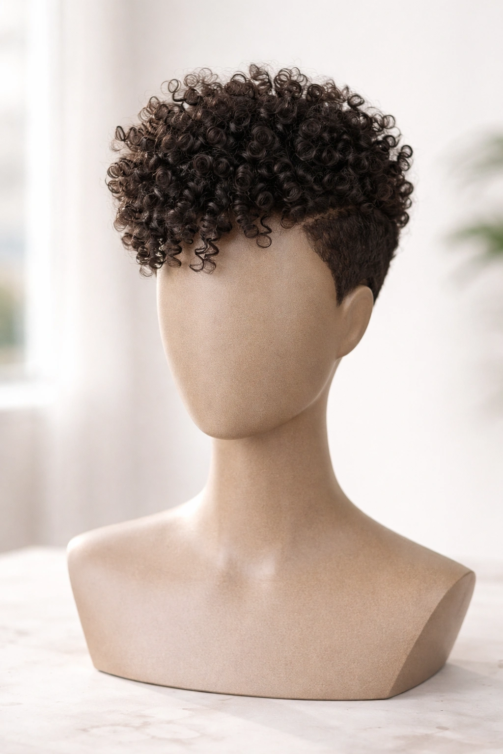 Architectural short curly wig with tapered sides on a neutral mannequin head in a studio.