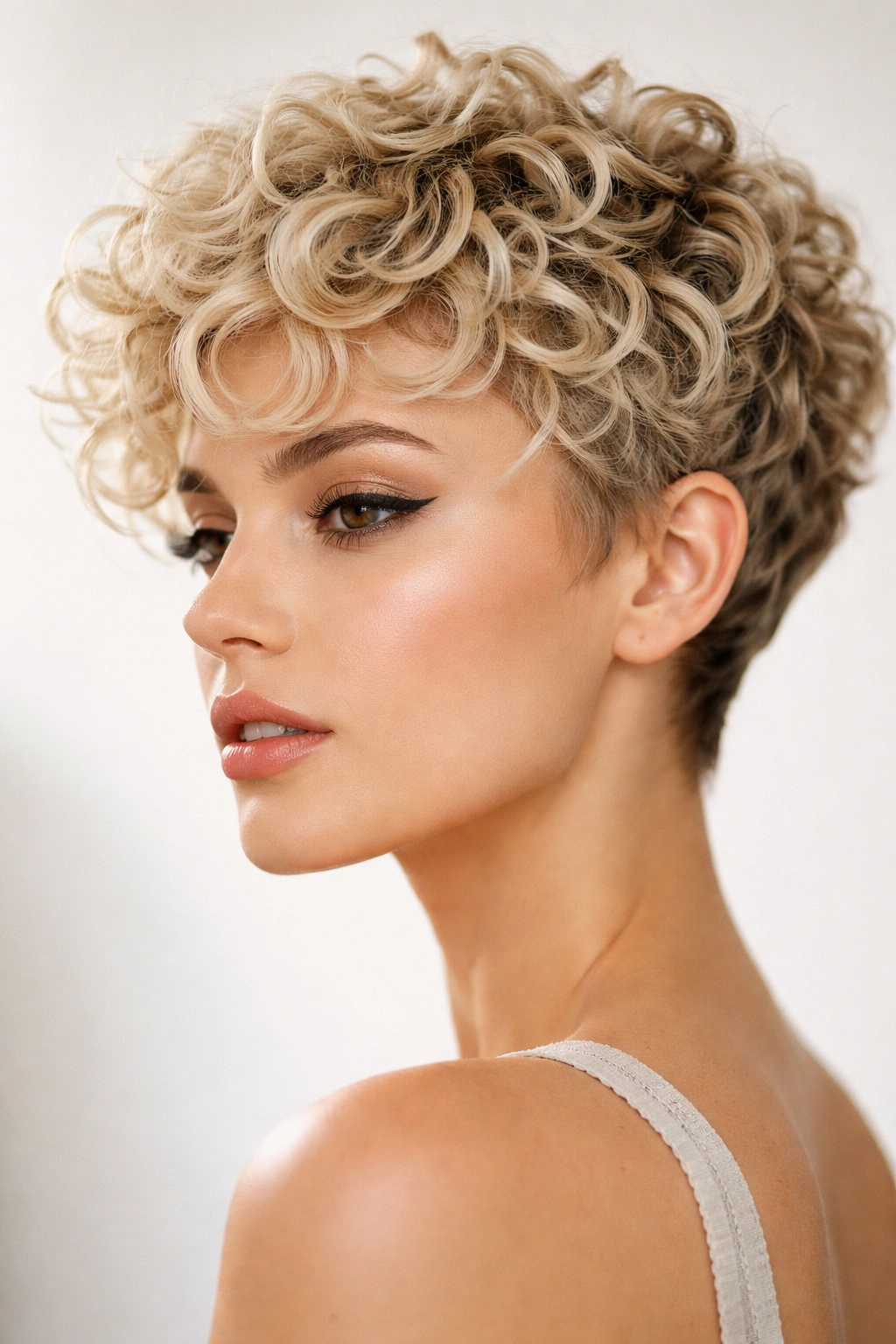 Close-up of short textured blonde curls with bold coils