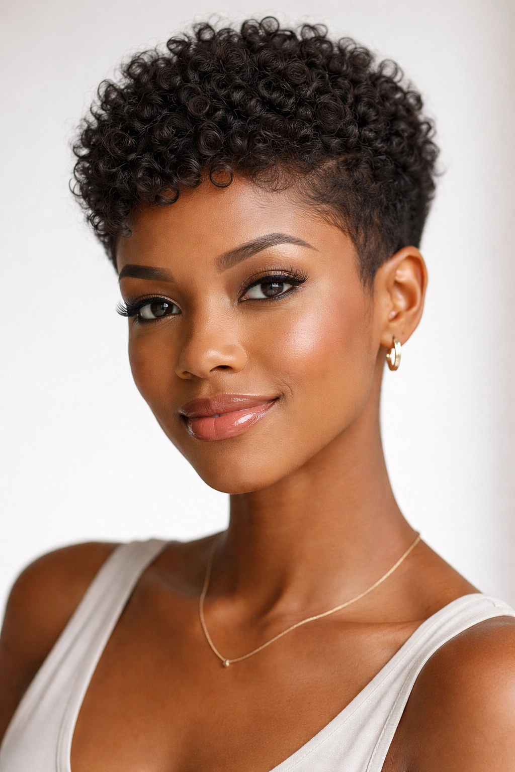 Close-up of short textured pixie hairstyle with fluffy curls
