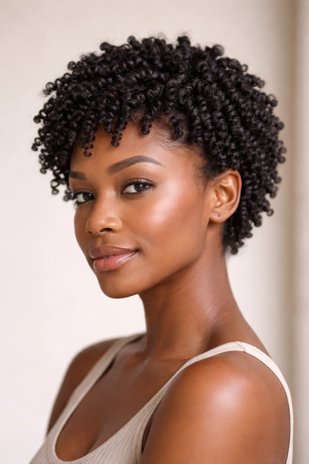 Portrait highlighting a short twist-out with defined twists and bounce