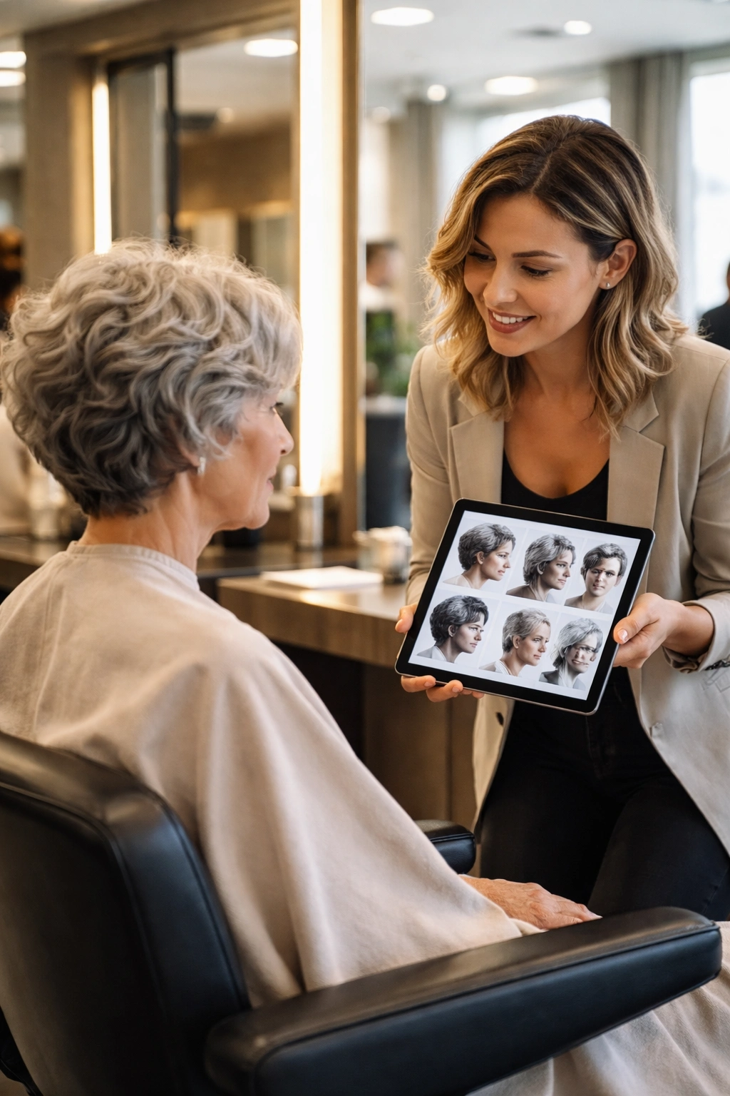 Client with short gray wavy hair consulting stylist in a modern salon
