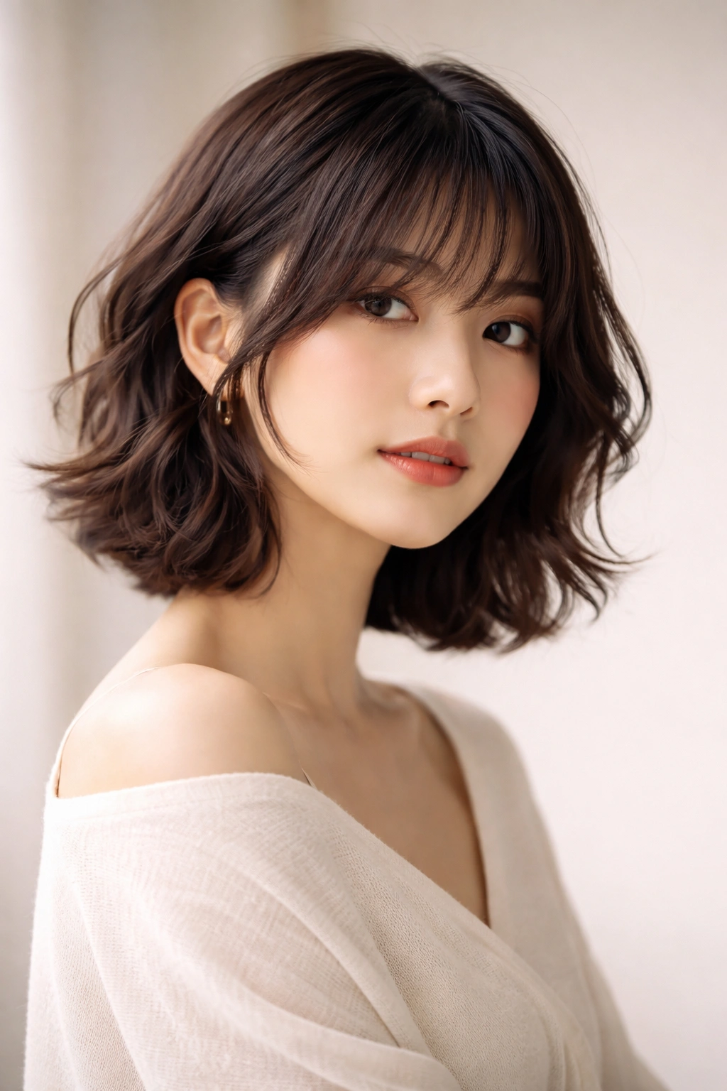Close-up portrait of a model with a short, wavy hime cut featuring sidelocks and bangs