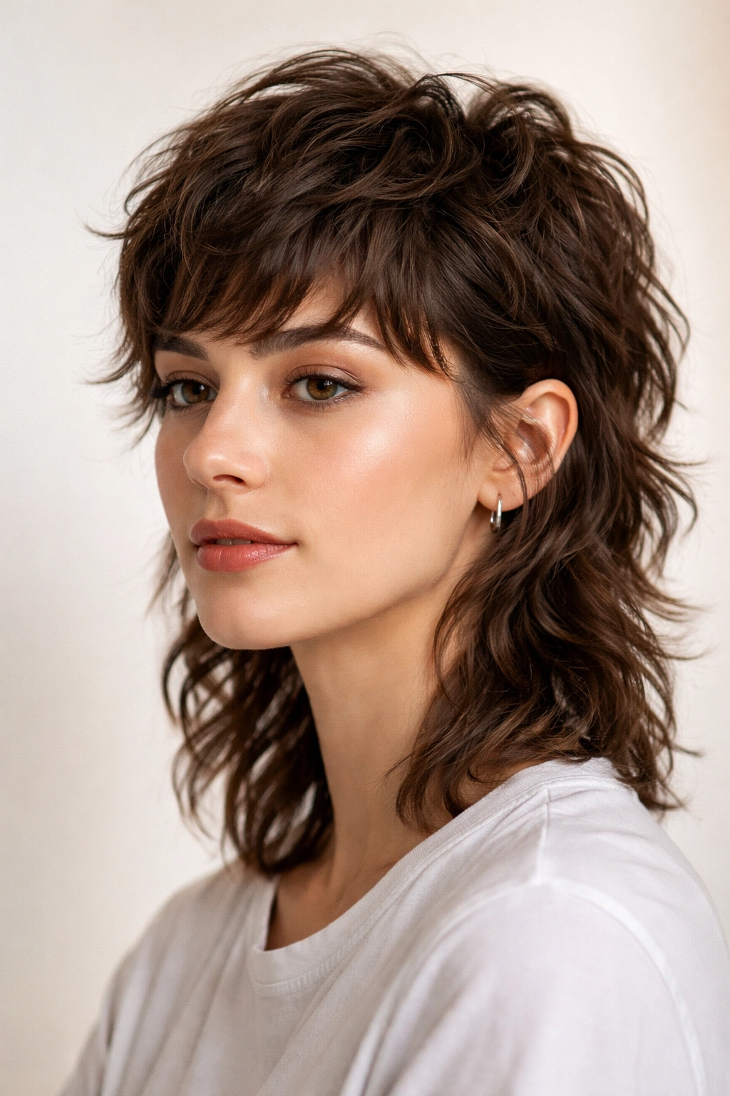 Close-up portrait of a person with a short, wavy mullet showing texture and movement in studio lighting
