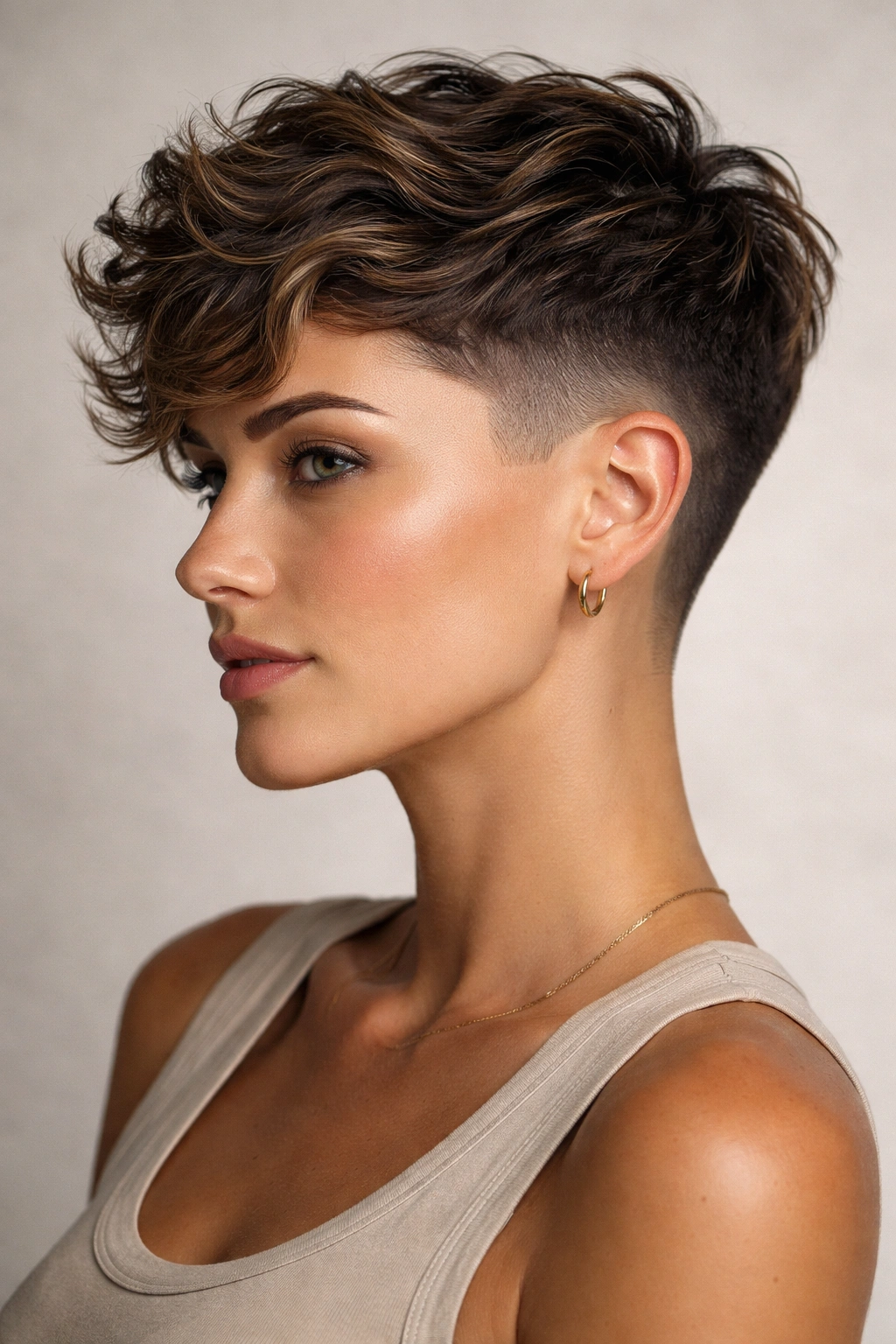 Close-up of a short wavy cut with an undercut fade and top texture