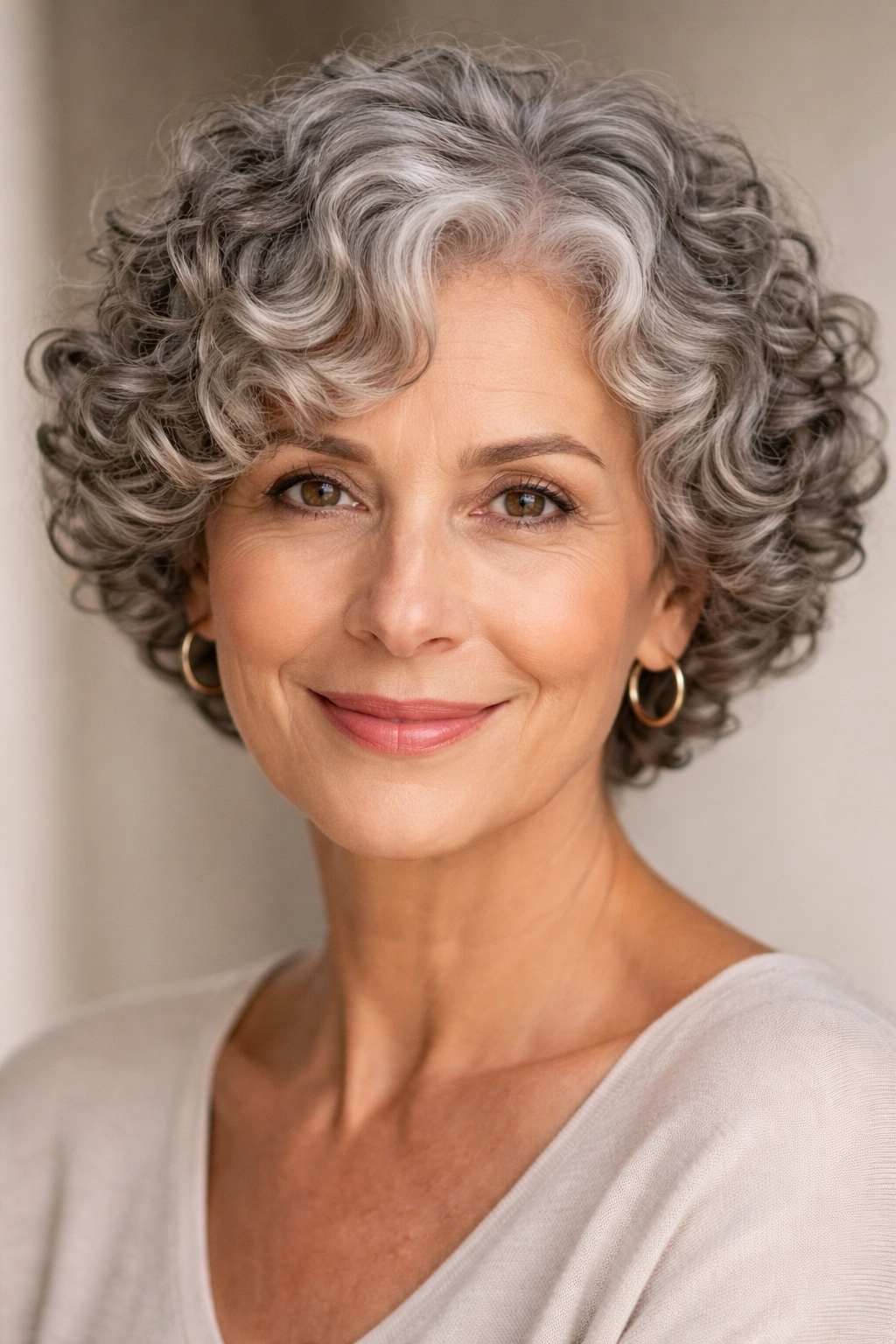Portrait of a mature woman with shortened ringlets at ear-length