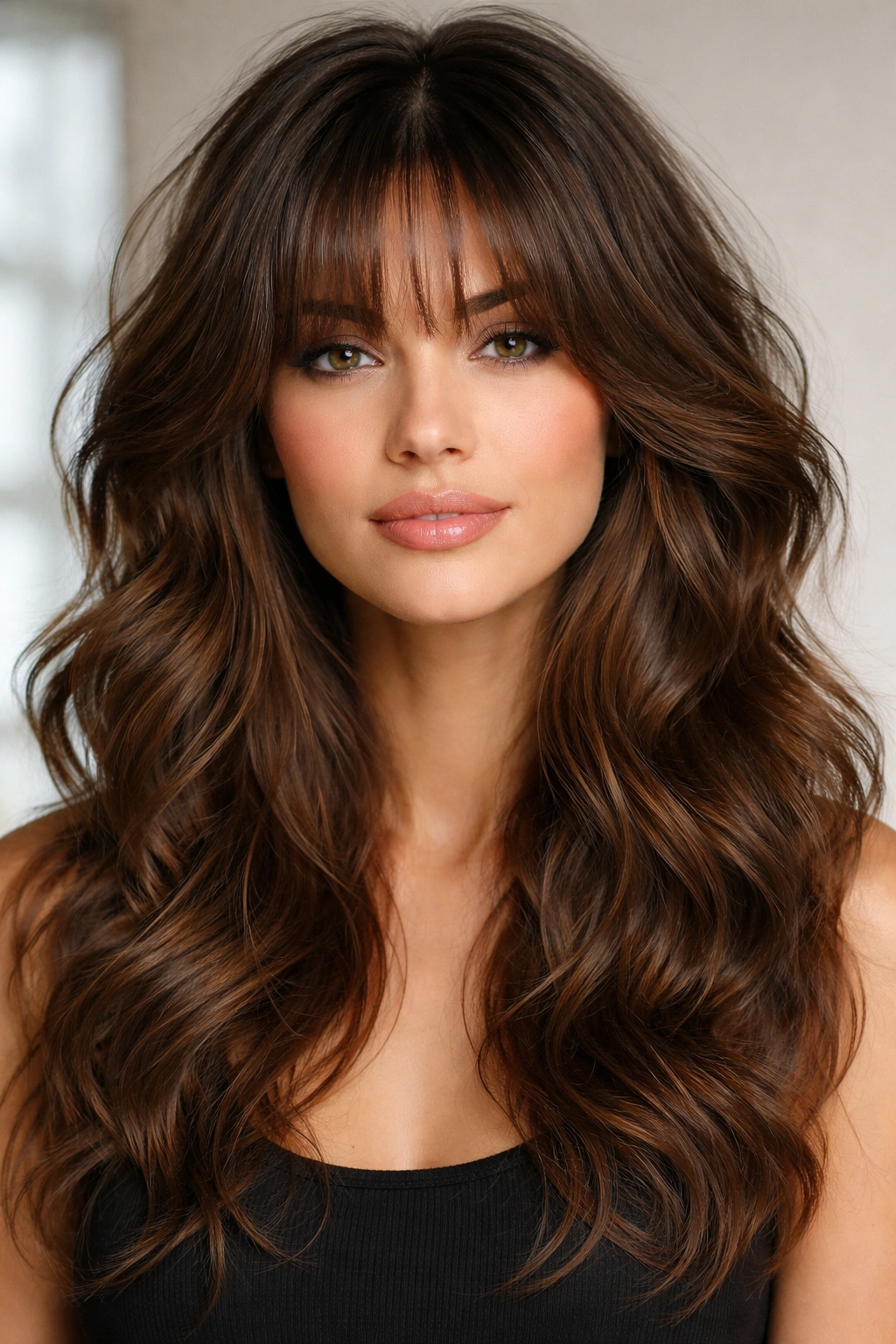 Front view of shorter curtain bangs with maximum volume