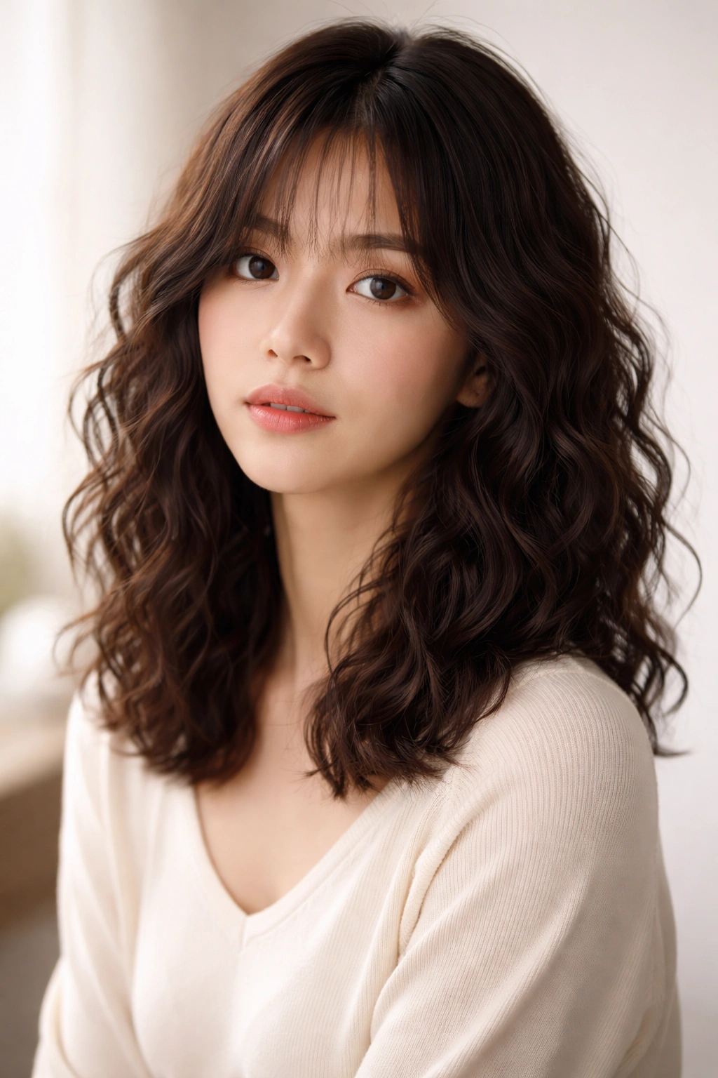 Shoulder-length hair with tight micro-waves for texture
