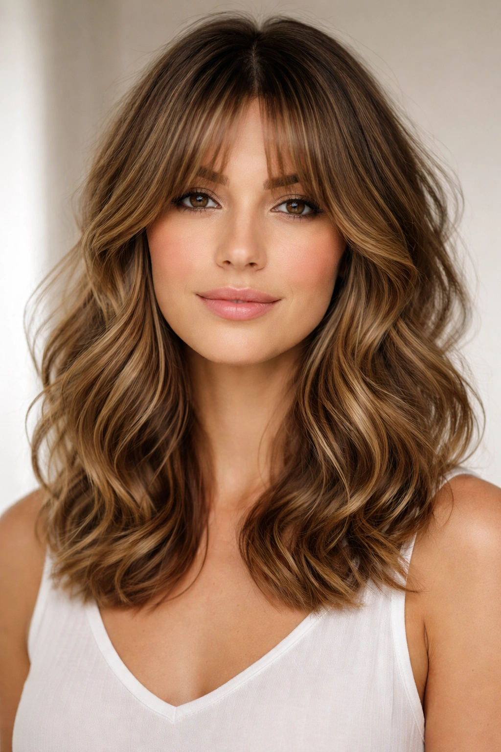 Close-up of a shoulder-length, wavy bob with curtain bangs on a head form in a softly lit studio