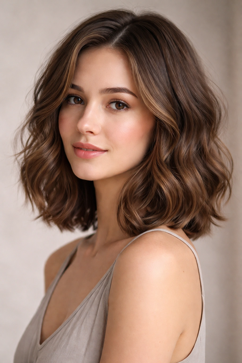 Close-up of a shoulder-length wavy bob with gentle waves and subtle layering