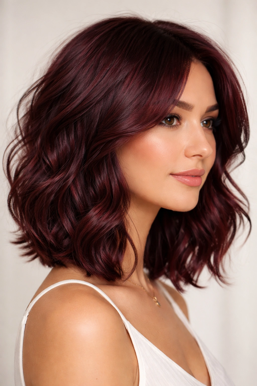 Shoulder-length burgundy wavy bob with face-framing layers in side profile