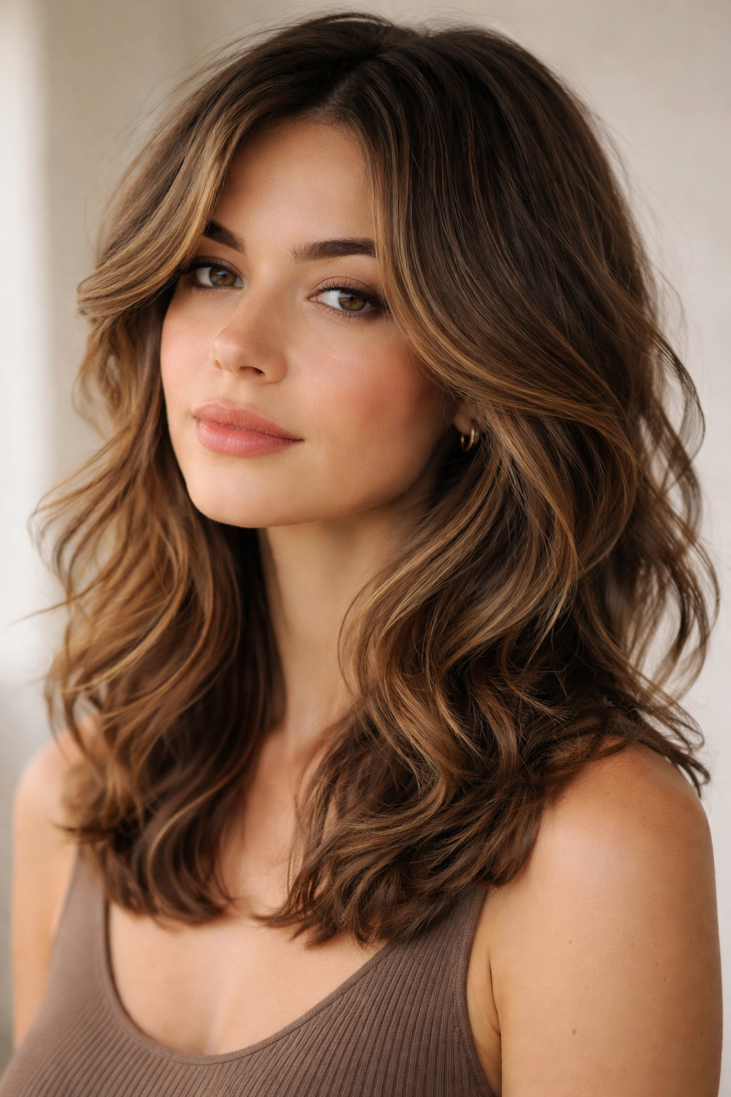 Close-up of textured shoulder-length butterfly cut with jawline layers