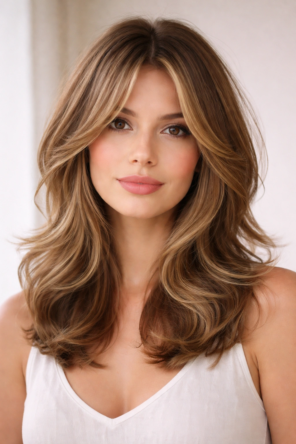 Shoulder-length wavy butterfly with shorter face-framing around the jawline