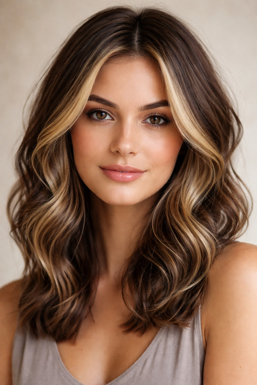 Shoulder-length hairstyle with face-framing color and soft waves