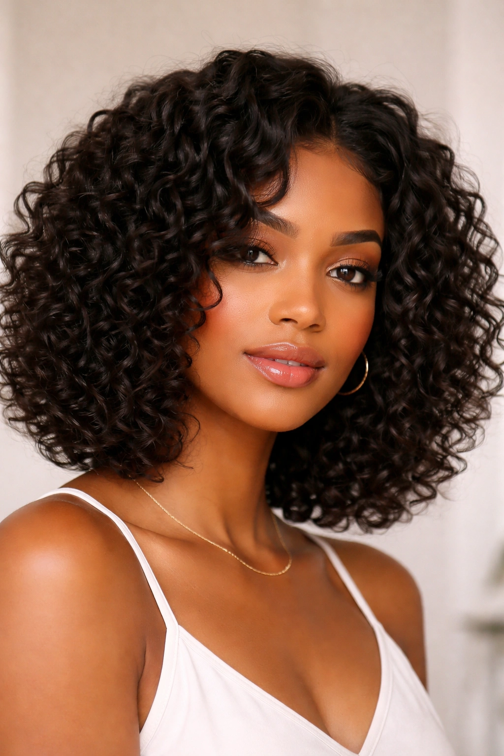Close-up of shoulder-length textured curls with natural bounce