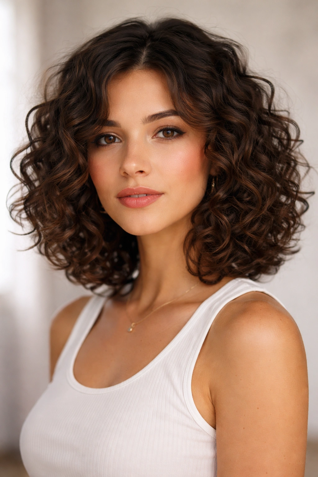 Shoulder-length curly bob with defined curls framing the face.