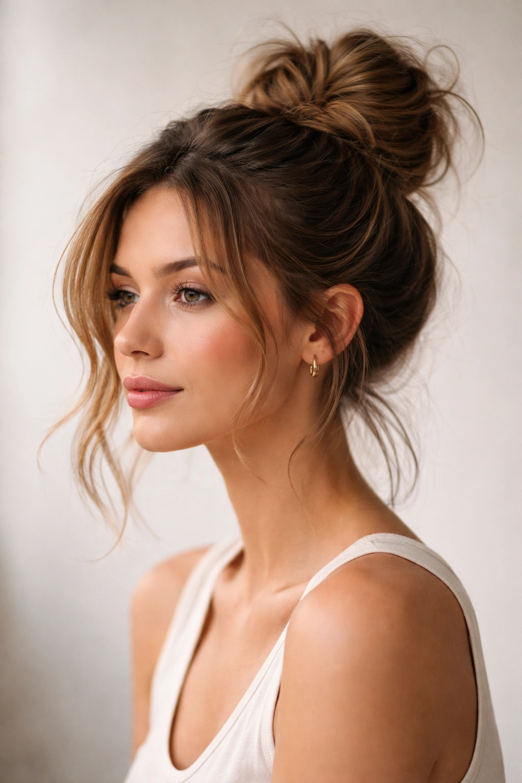 Close-up of shoulder-length hair styled into a high messy bun with face-framing wisps