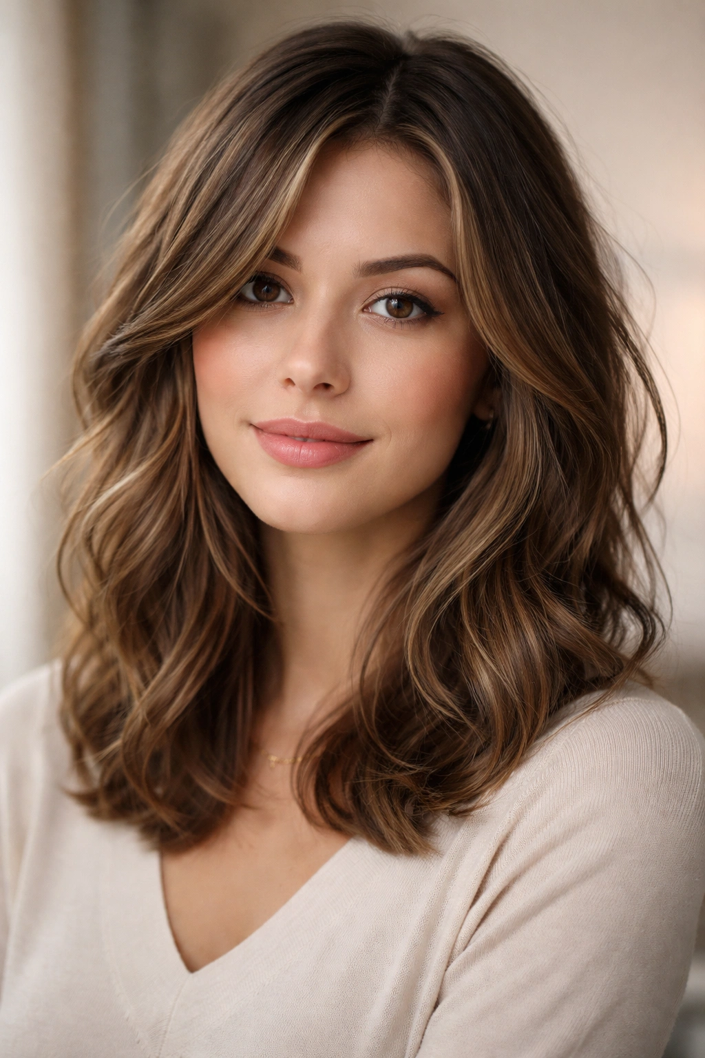 Shoulder-length hair with subtle highlights and soft layers.