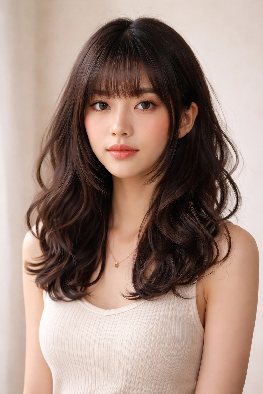 Shoulder-length wavy hime cut with shoulder-grazing waves