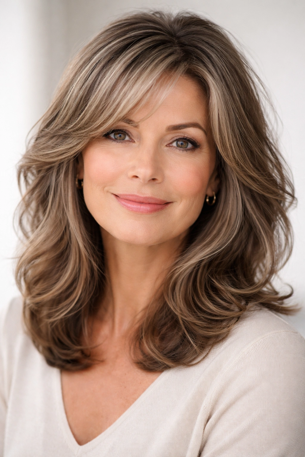 Shoulder-length wavy hair with face-framing layers lifting the crown