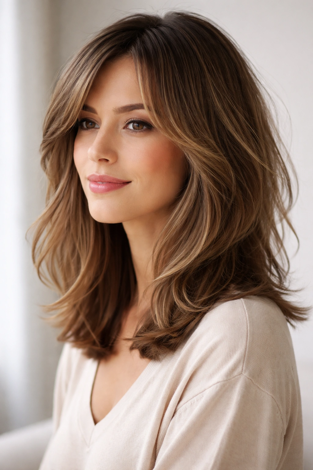 Shoulder-length layered hairstyle with added volume and movement