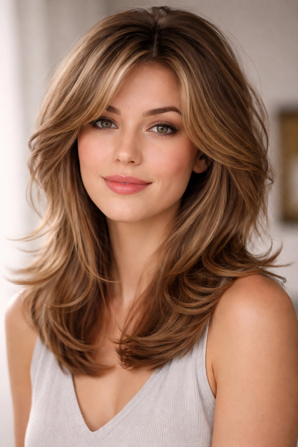 Portrait of shoulder-length fluffy layered hair with volume at the crown