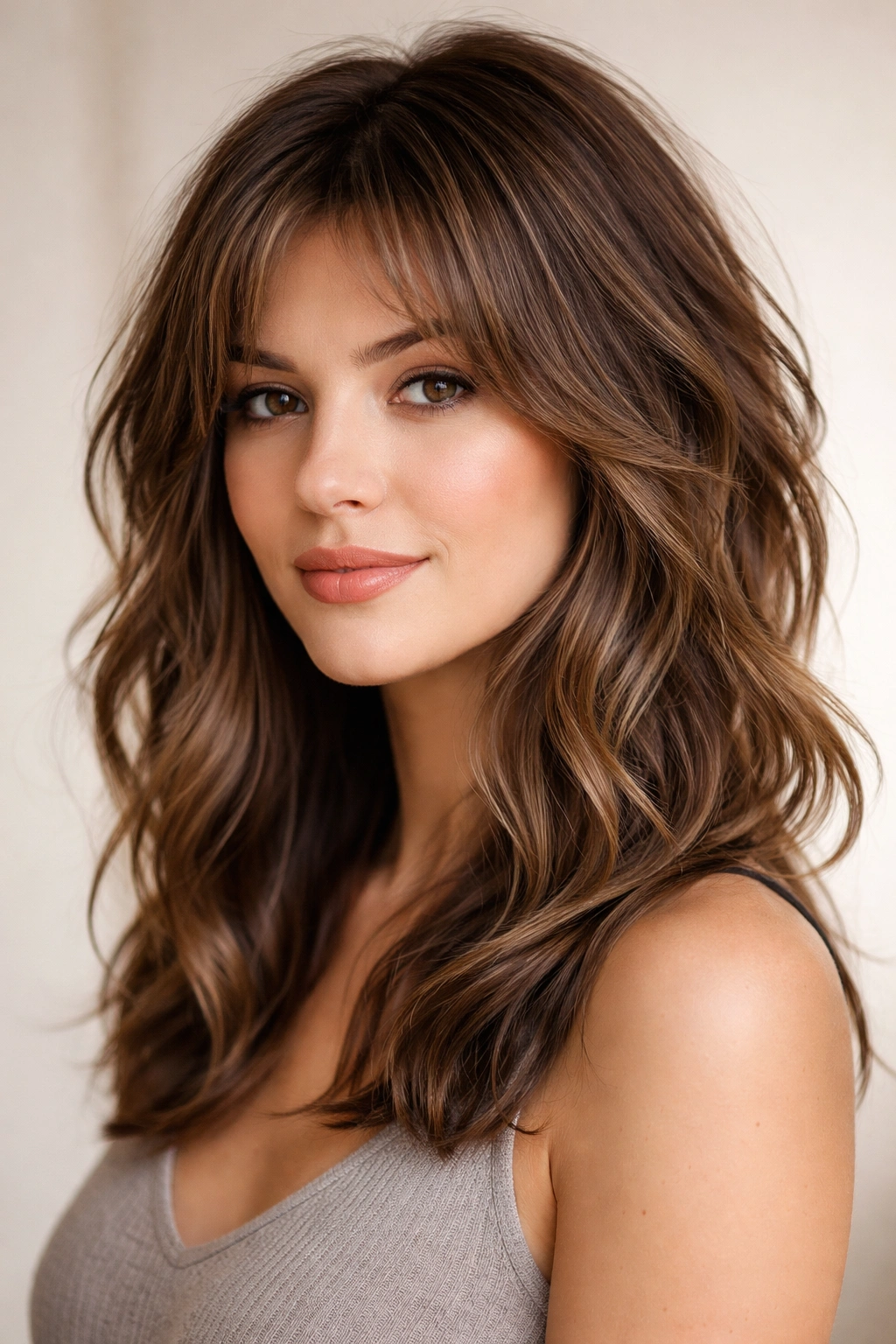 Shoulder-length haircut with choppy crown layers and soft waves
