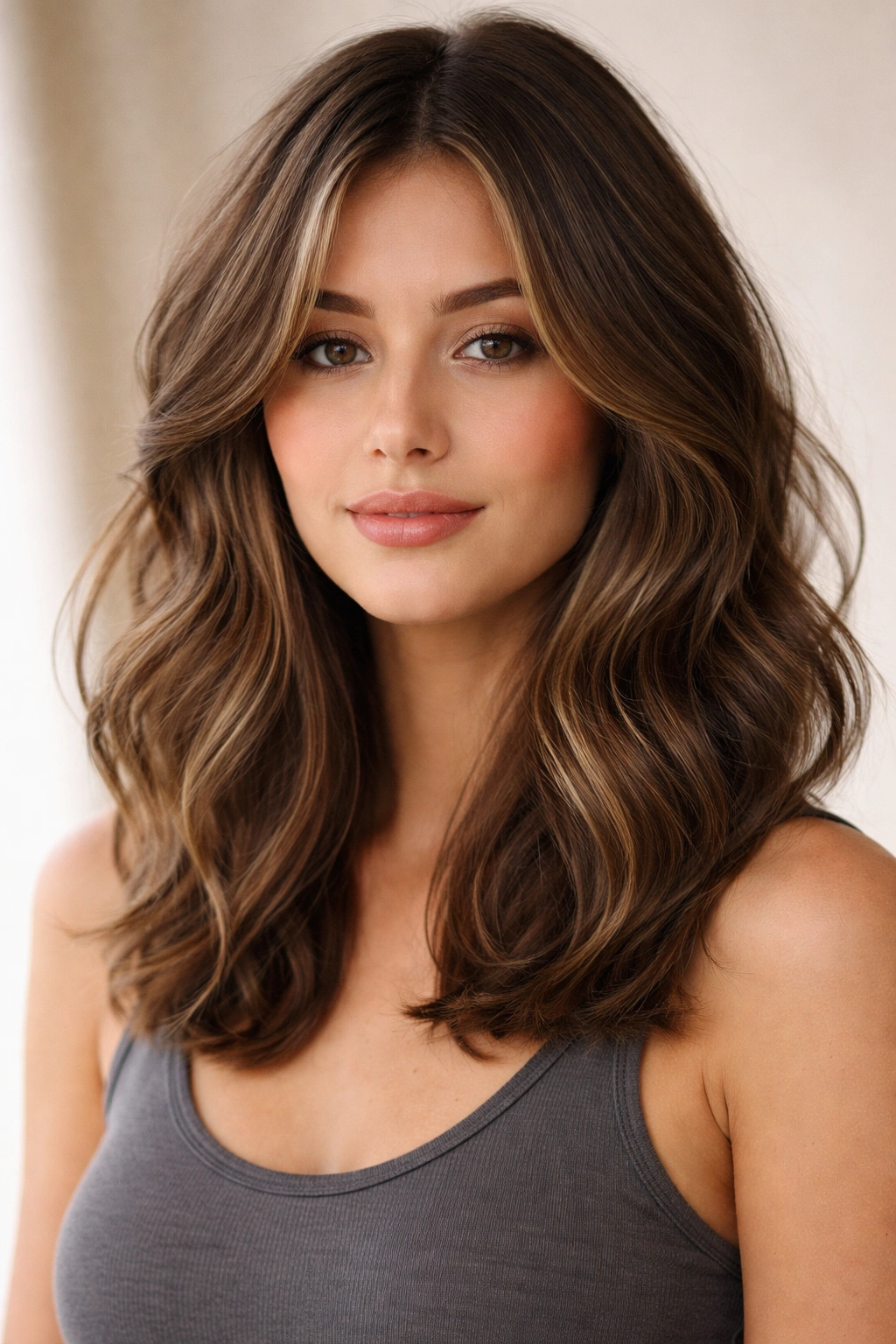 Shoulder-length wavy hair with subtle face-framing layers.