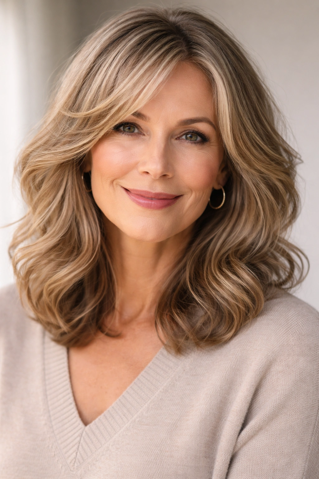 Shoulder-length waves with face-framing layers on mature hair, soft lighting