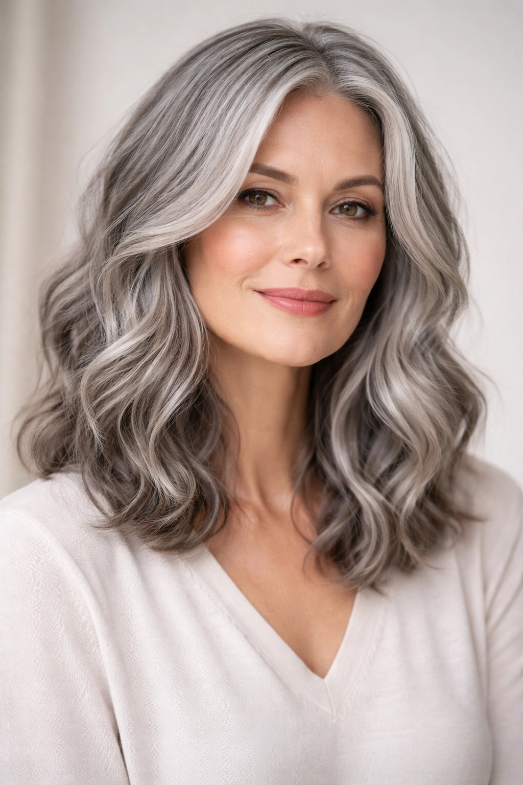 Close-up of shoulder-length soft waves in gray hair with silver tones