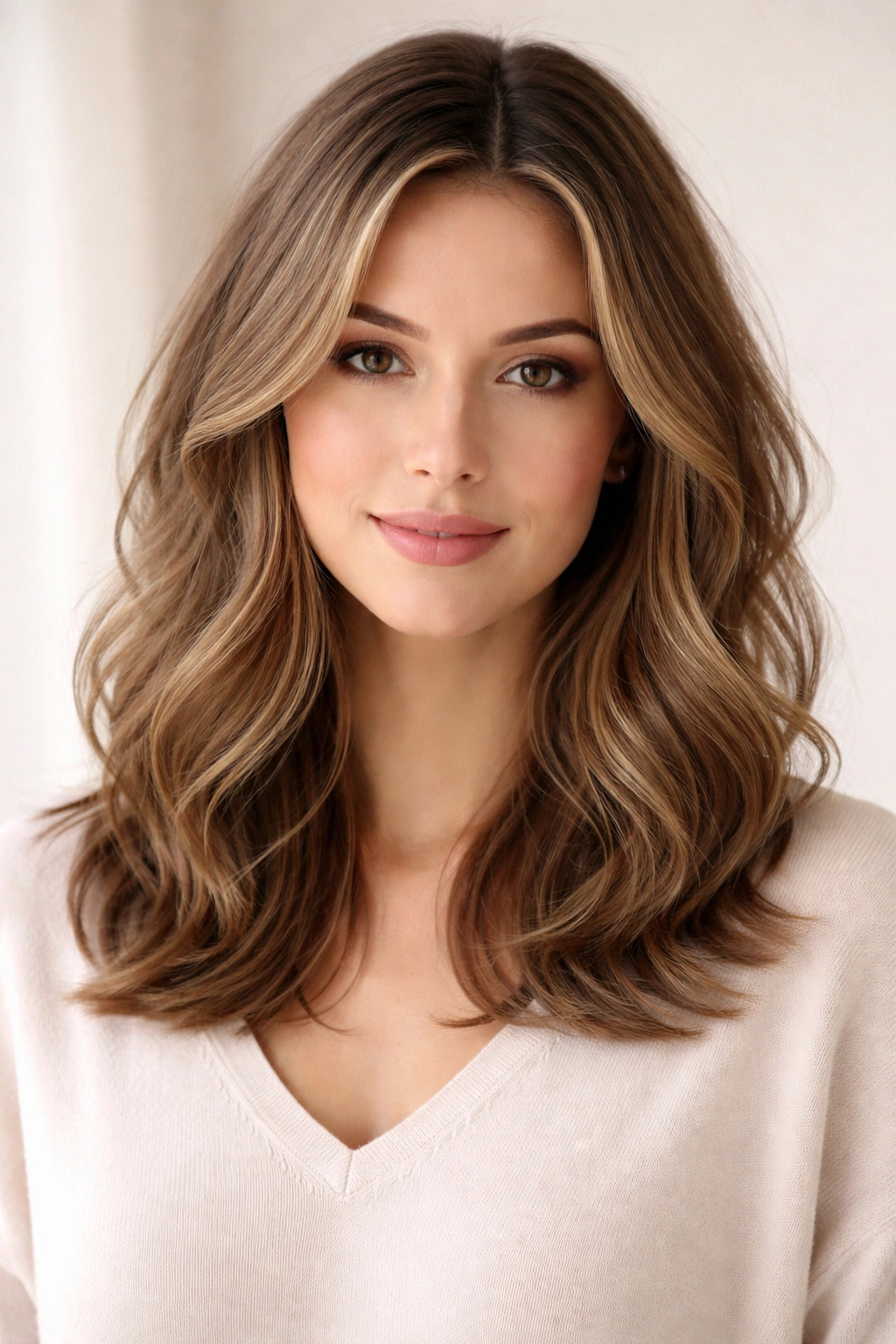 Shoulder-length wavy hair with subtle layers in a studio portrait