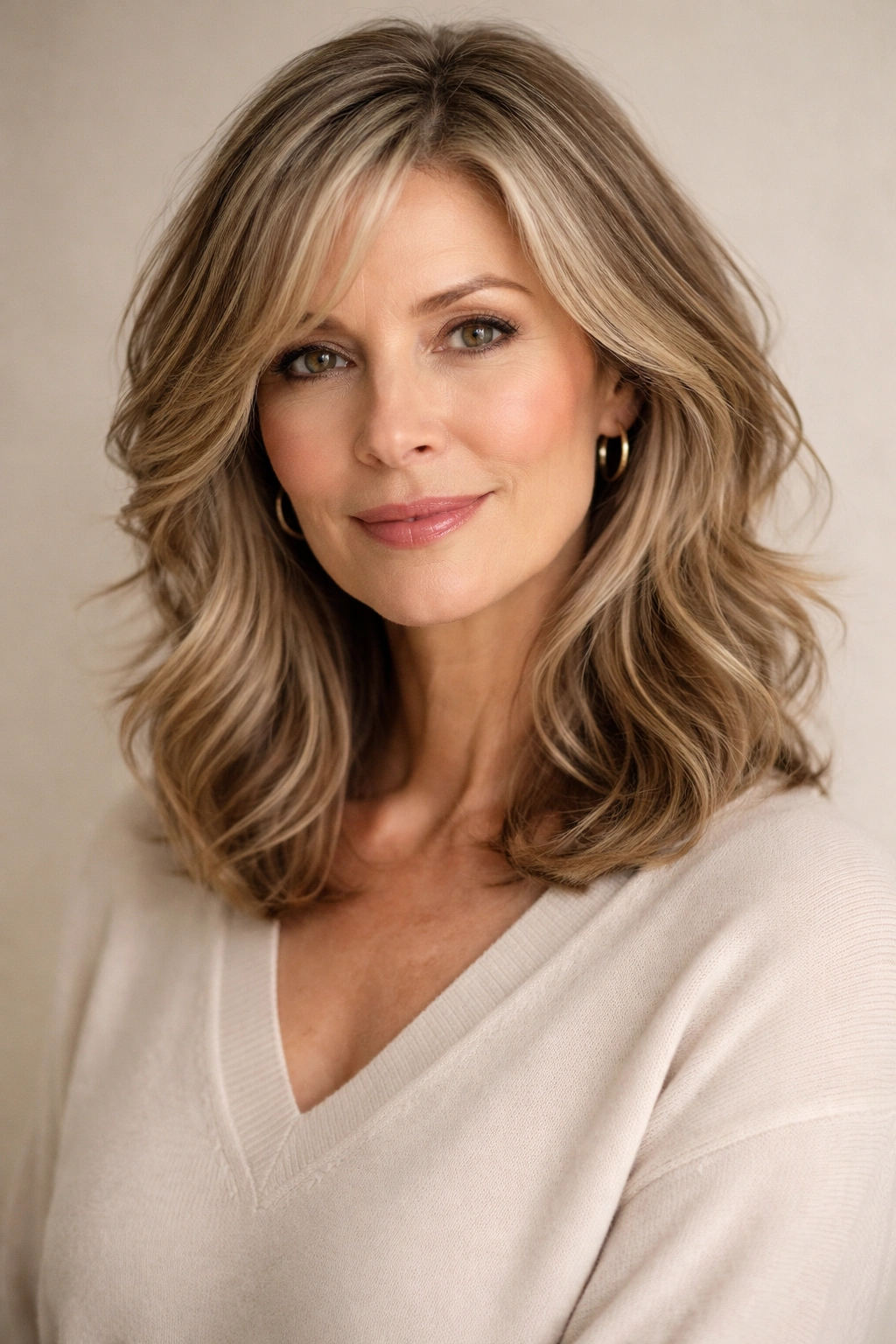 Close-up portrait of a mature woman with shoulder-length wavy hair and a subtle undercut at the nape.