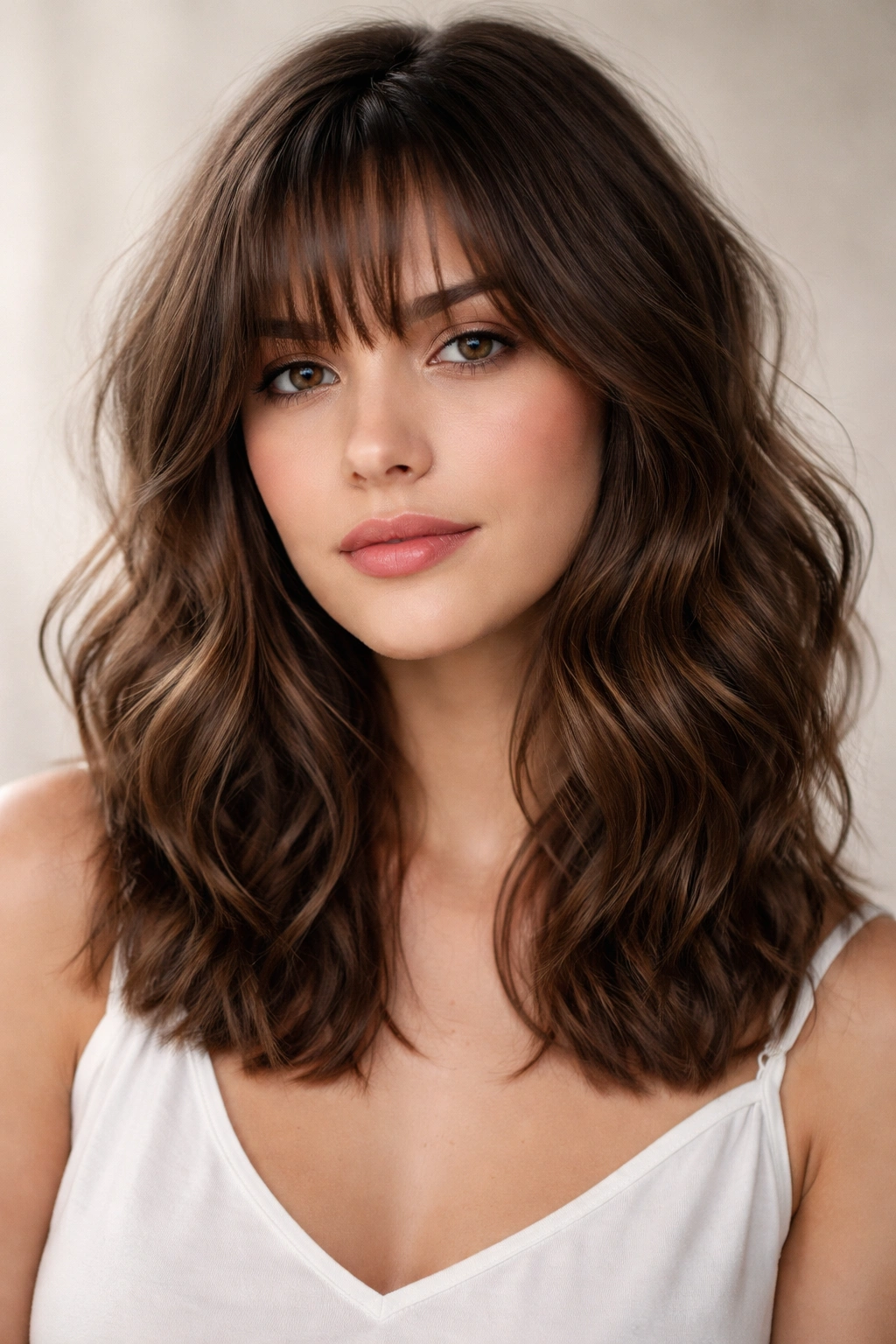 Close-up of shoulder-length wavy hair with wispy bangs on a model.