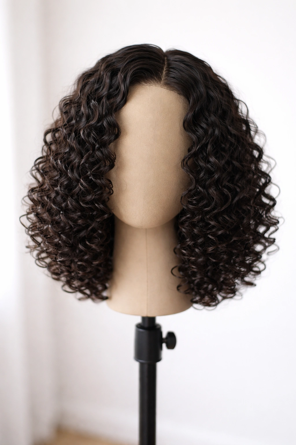 Close-up of shoulder-length curly wig with medium bouncy curls displayed on a neutral mannequin head in a studio.