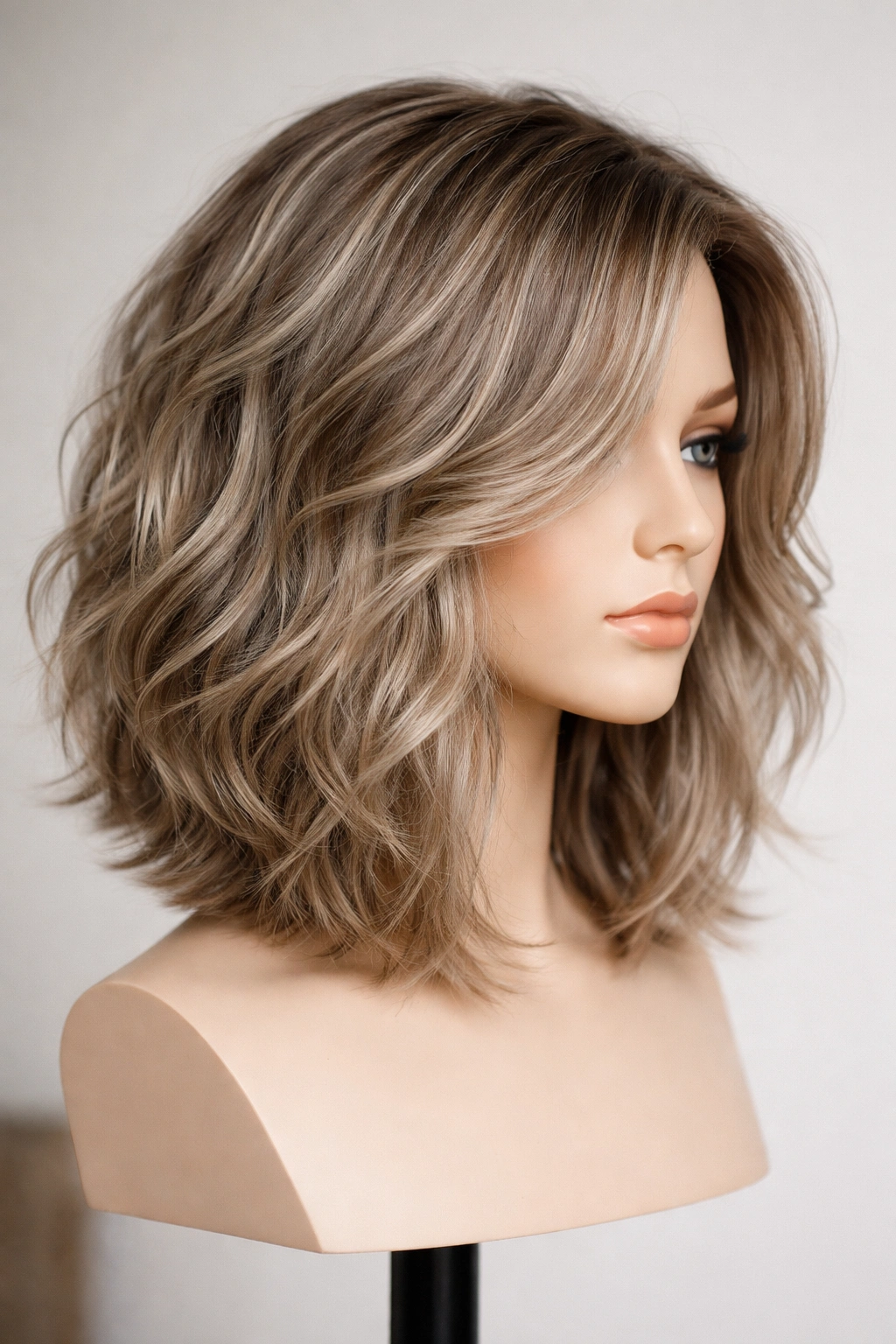 Shoulder-length layered waves on a mannequin head with face-framing layers.