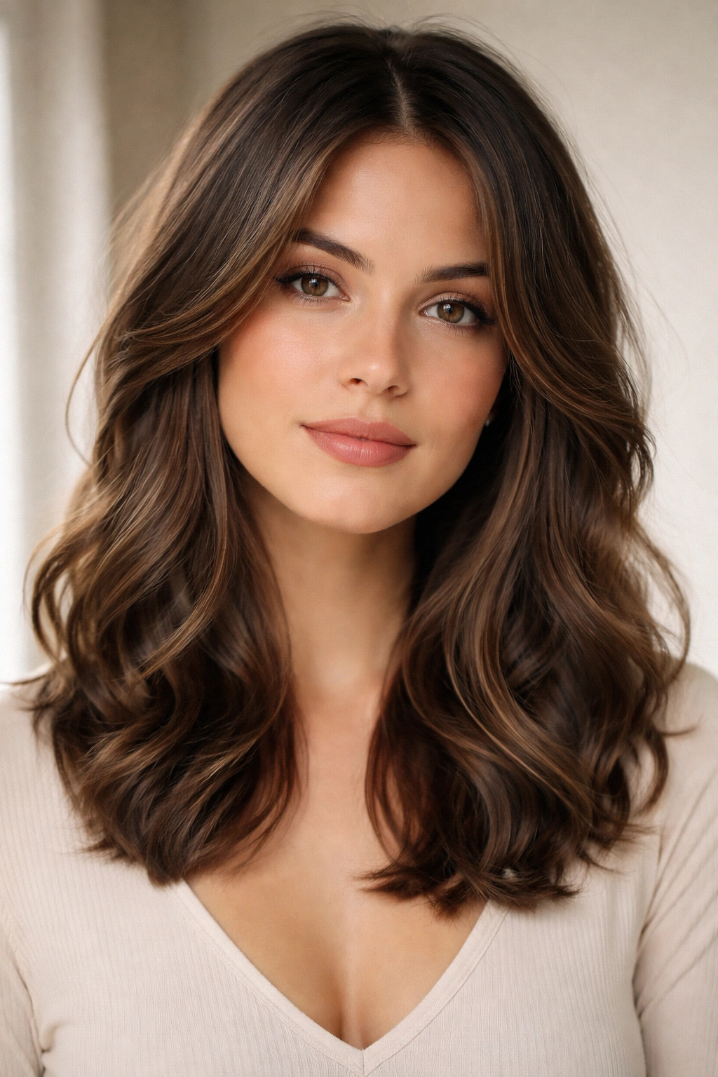 Portrait of a model with shoulder-length waves and inward face-framing pieces.