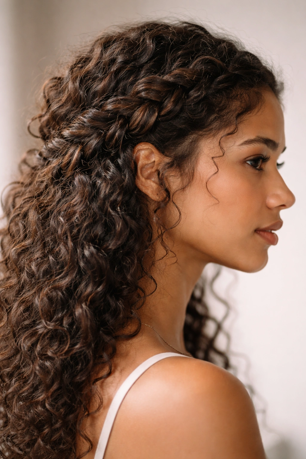 Side braid crown on greasy curls with textured look