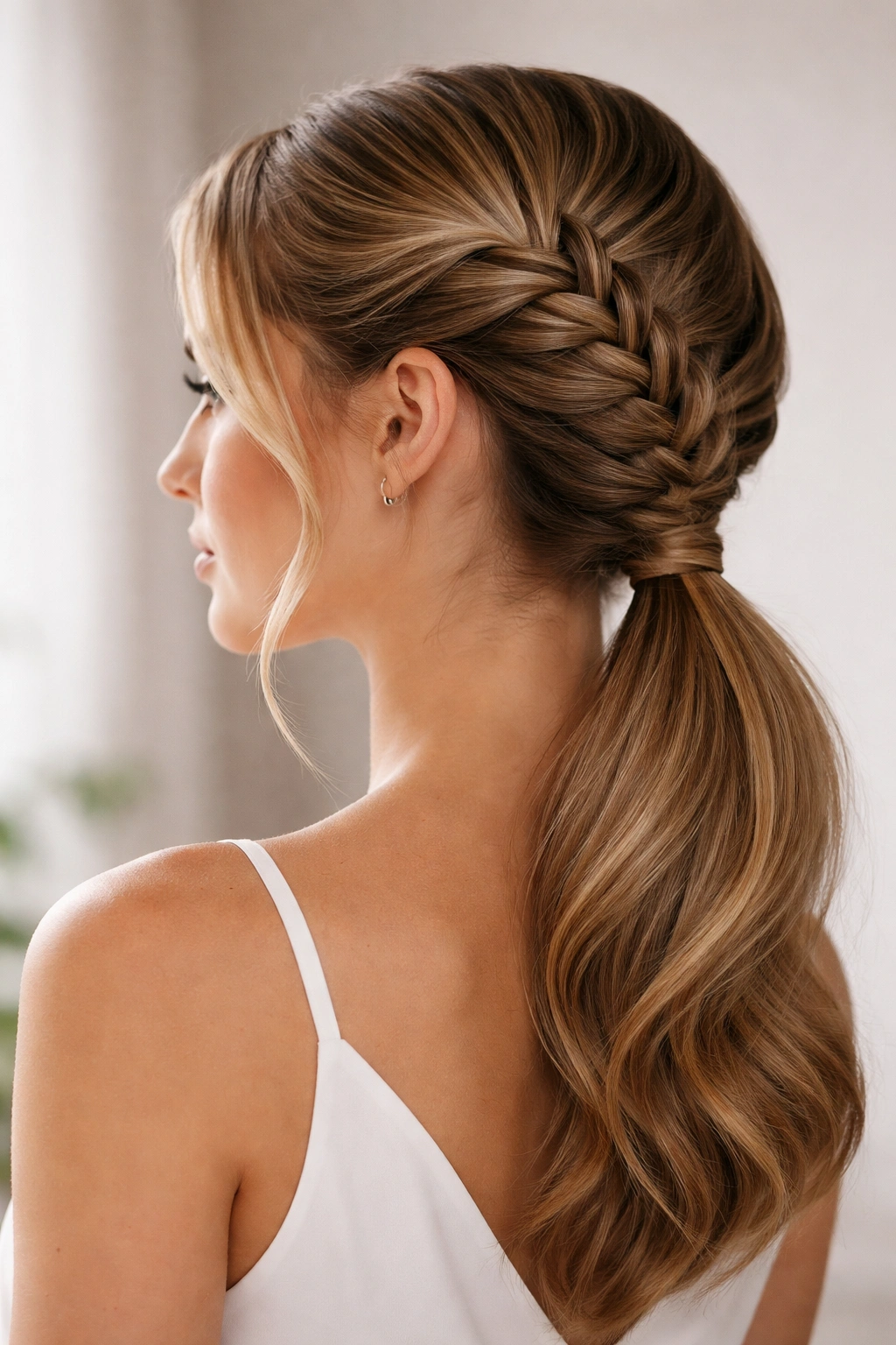 Side braid flowing diagonally into a low ponytail.