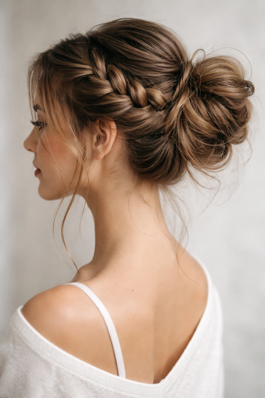 Side braid wrapping around a loose bun off-center
