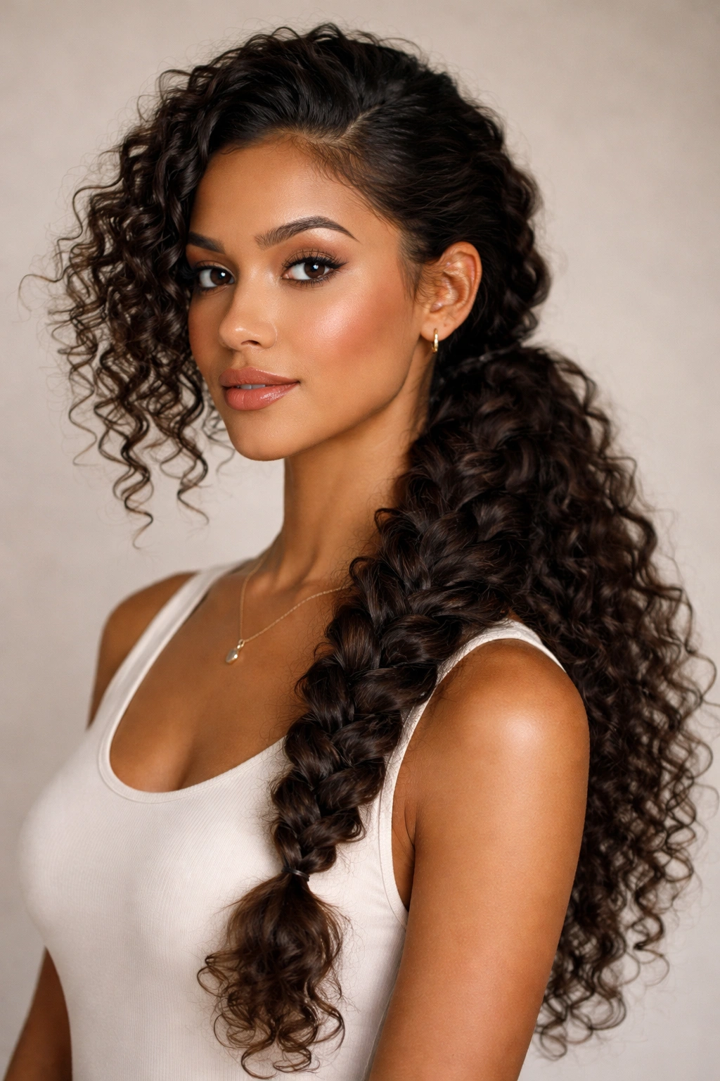 Side braided ponytail on curly hair in a neutral studio setting