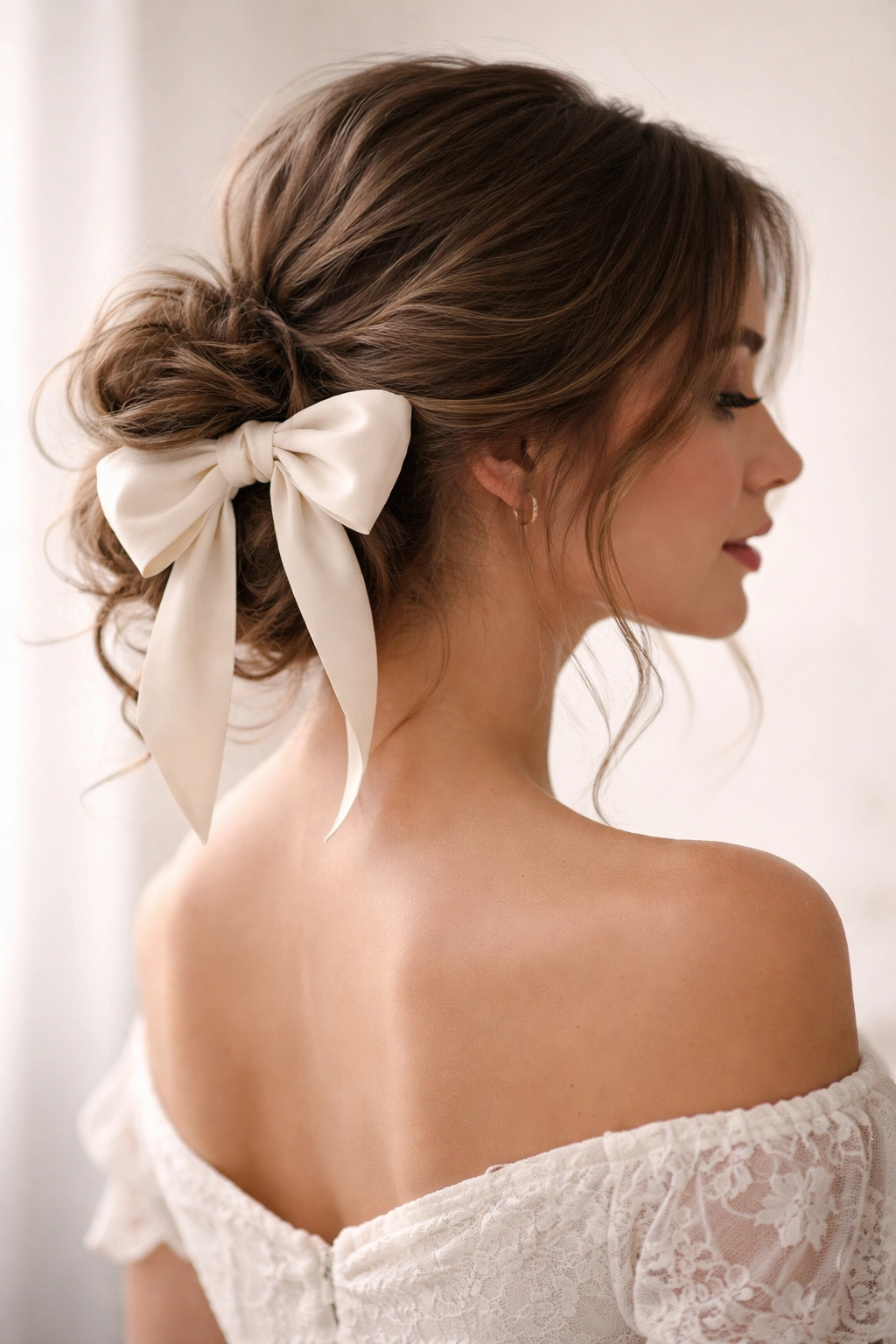 Side view of a romantic side messy bun with a bow