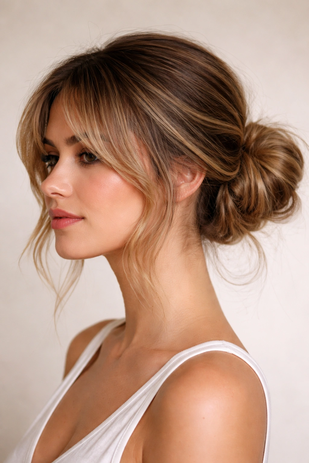 Portrait of a side messy bun with layered curtain bangs.