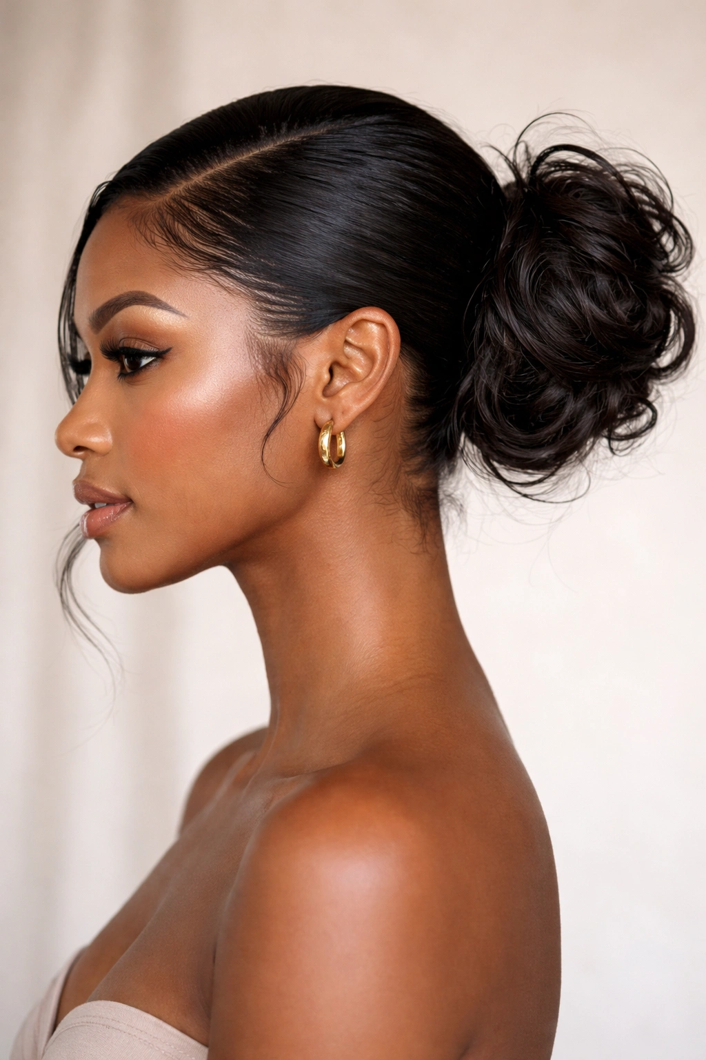 Slick Side Messy Bun on Black hair with off-center bun