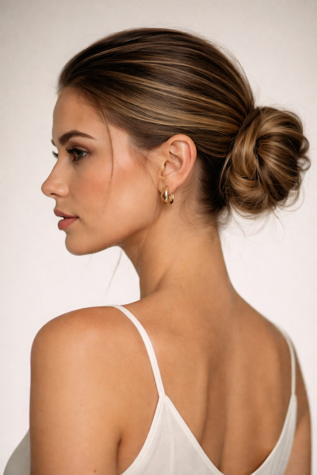 Side-view slicked-back bun with off-center placement