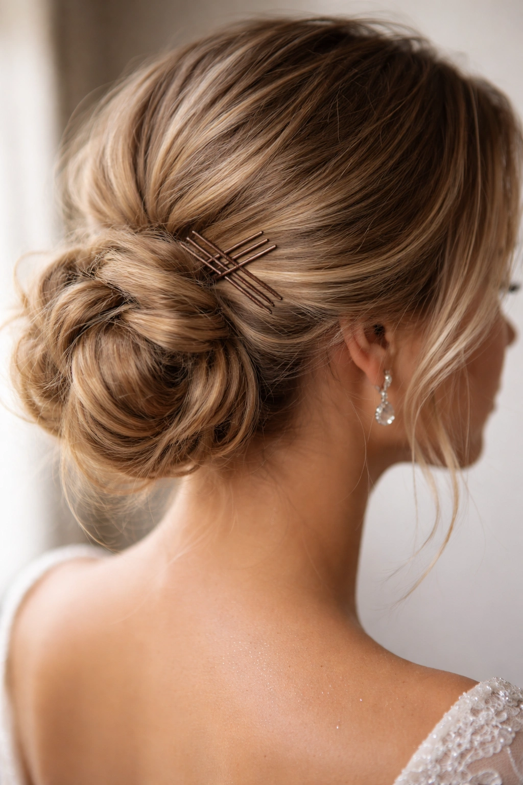 Close-up of side bun with visible pins and subtle styling product sheen