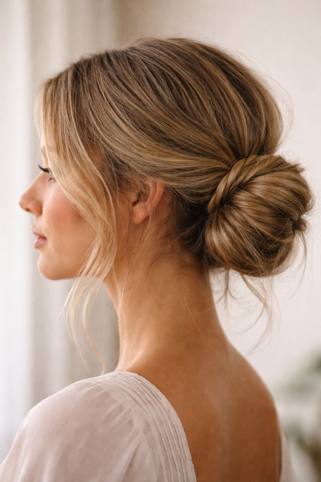 Low side bun with a delicate twisted wrap