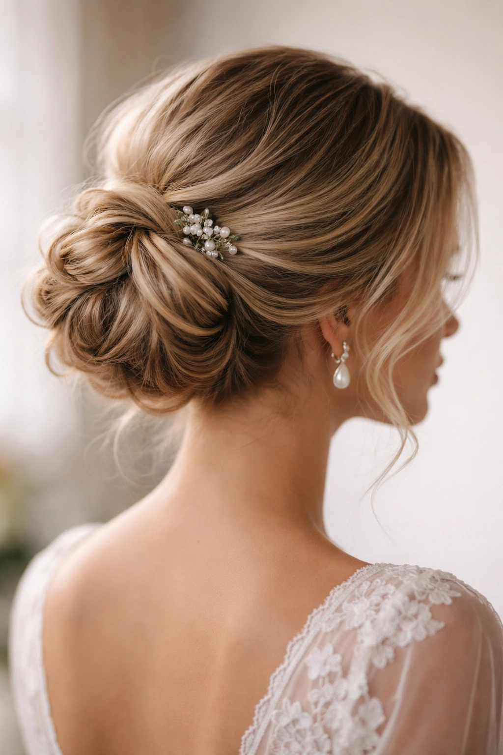 Close-up of a textured side bun at ear level